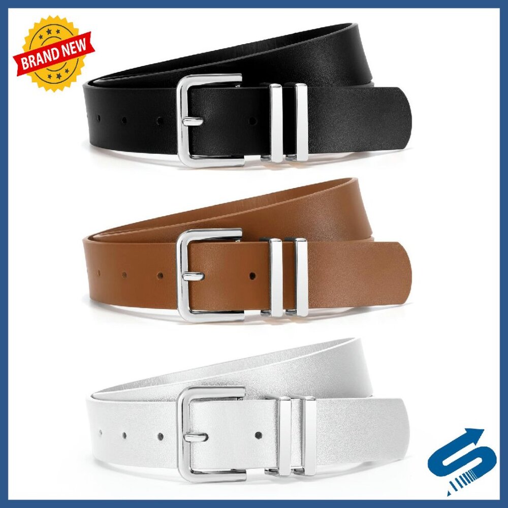 Women's 3 Pack Leather Belts 1.3 Inch Wide Gold Silver Buckle Adjustable